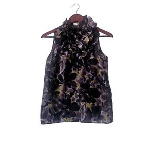 J.Crew Silk Floral Sleeveless Ruffle Neck Blouse Size 2 Feminine  Dark Academia